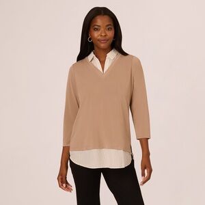 Adrianna Papell Three Quarter Sleeve Sweater Tan Ivory Stripe Top NWT Size S‎